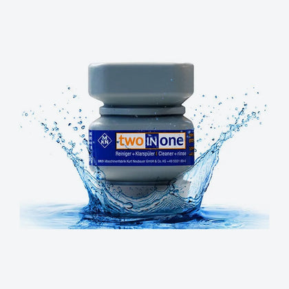 MKN two-in-one cleaner and rinse cartridge for combi ovens, standing in a splash of water